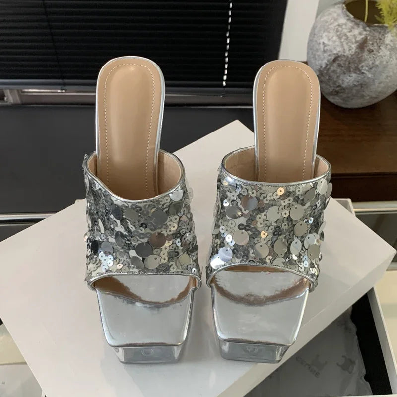 Sequin Women Slippers Summer Platform Square Toe Slide Shoes