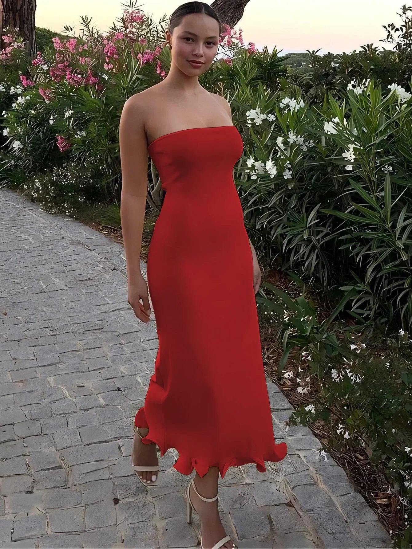 Strapless Tube Ruffle Hem Bodycon Midi Dress