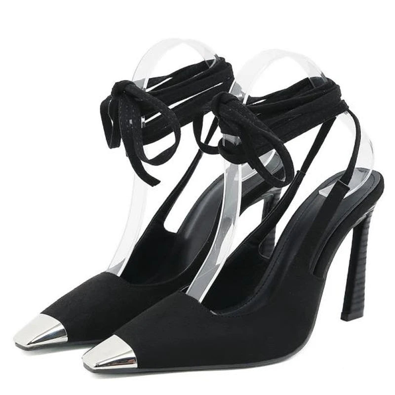 Metal Small Square Toe High Heels Female Slingback Sandals