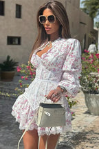 Printed Lace Mini Dress with V-Neck