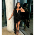 Sequin Strapless Deep V-Neck Feather Trim Asymmetrical Hem Mini Dress