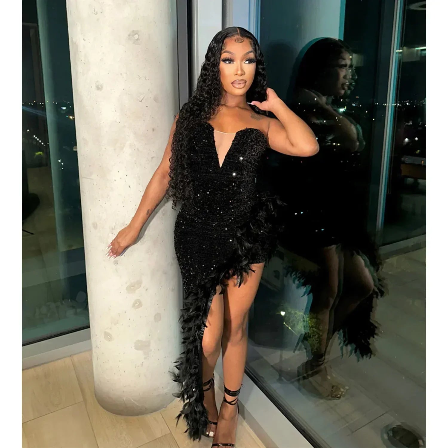 Sequin Strapless Deep V-Neck Feather Trim Asymmetrical Hem Mini Dress