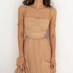 Cold Shoulder Frayed Strap Textured Pleated Corset Bodice Maxi Dress