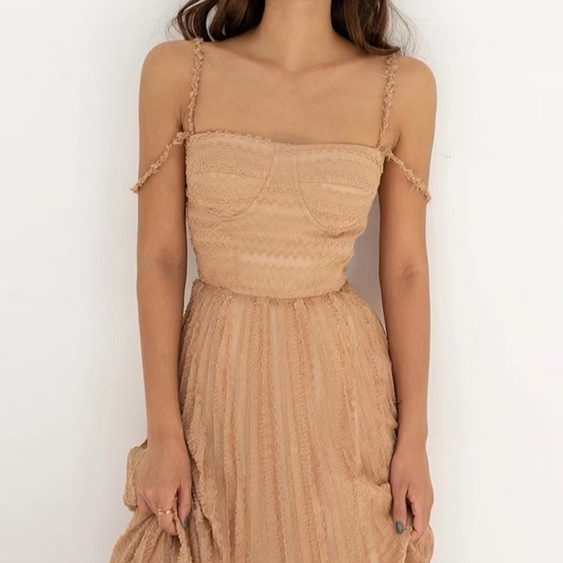 Cold Shoulder Frayed Strap Textured Pleated Corset Bodice Maxi Dress