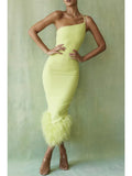 One Shoulder Spaghetti Strap Feather Trim Hem Bodycon Midi Dress