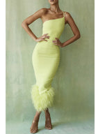 One Shoulder Spaghetti Strap Feather Trim Hem Bodycon Midi Dress