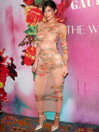 Floral Print Mesh Long Sleeve Crew Neck Bodycon Maxi Dress