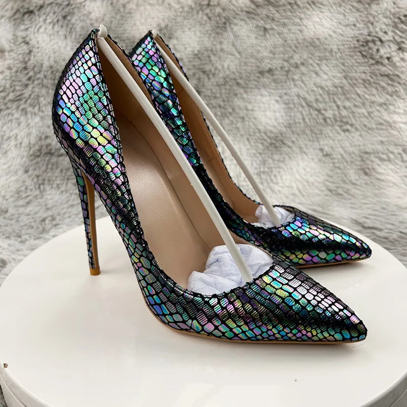 Shiny Laser Crocodile Pointy Toe High Heel Shoes