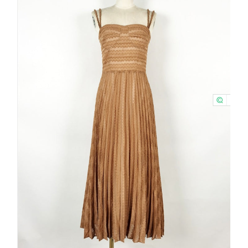 Cold Shoulder Frayed Strap Textured Pleated Corset Bodice Maxi Dress
