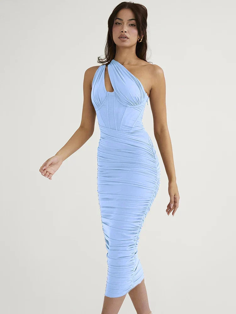 One Shoulder Keyhole Cut Out Corset Seam Ruched Bodycon Midi Dress