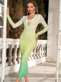 Jessica Long Sleeve Gradient Mesh Dress with Rhinestones