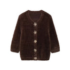 Faux Fur Half Sleeve Cardigans Women Single Breasted O-neck Loose Casual Wine Red Sweater Female Furry Autumn Chic Tops