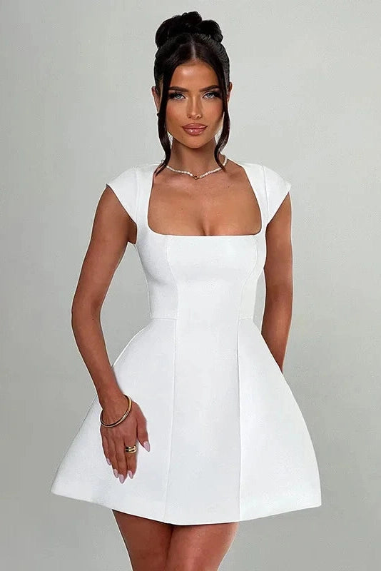 A-Line Mini Dress with Square Collar and Short Sleeves