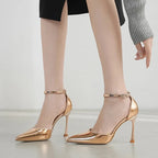 Sexy Patent Leather Pointed Toe Women Pumps with Buckle Strap and Thin High Heels