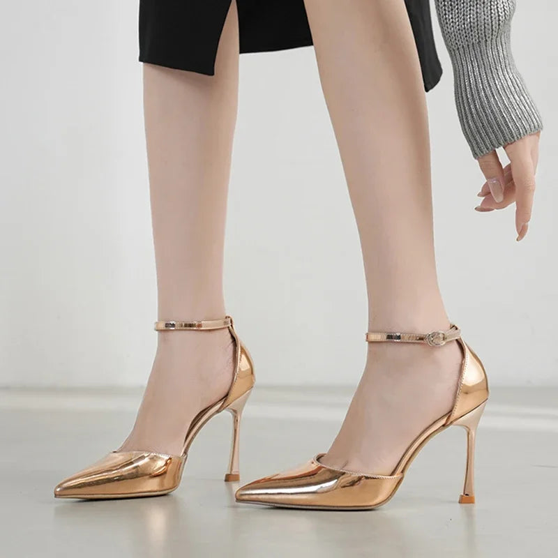 Sexy Patent Leather Pointed Toe Women Pumps with Buckle Strap and Thin High Heels