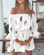 Off Shoulder Floral Print Bell Sleeve Elastic Waist Ruffle Cuff Mini Dress