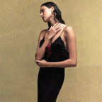 Spaghetti Strap Ruffle Deep V-Neck Flower Applique Maxi Dress