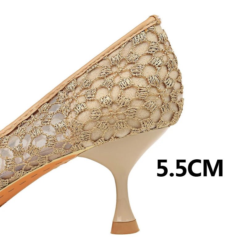Lace Mesh Cutout Kitten Heel Pumps for Women - Sexy Banquet Shoes