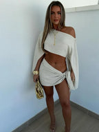 Linen Long Sleeve Crop Top Wrap Tie Mini Skirt Two Piece Set