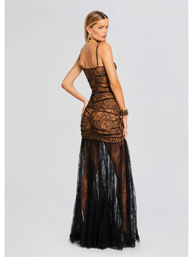 Strapless Lace Corset Tiered Ruffle High Split Maxi Dress