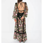 Sheer Floral Embroidered Bishop Sleeve Lace Trim Tiered Maxi Dress
