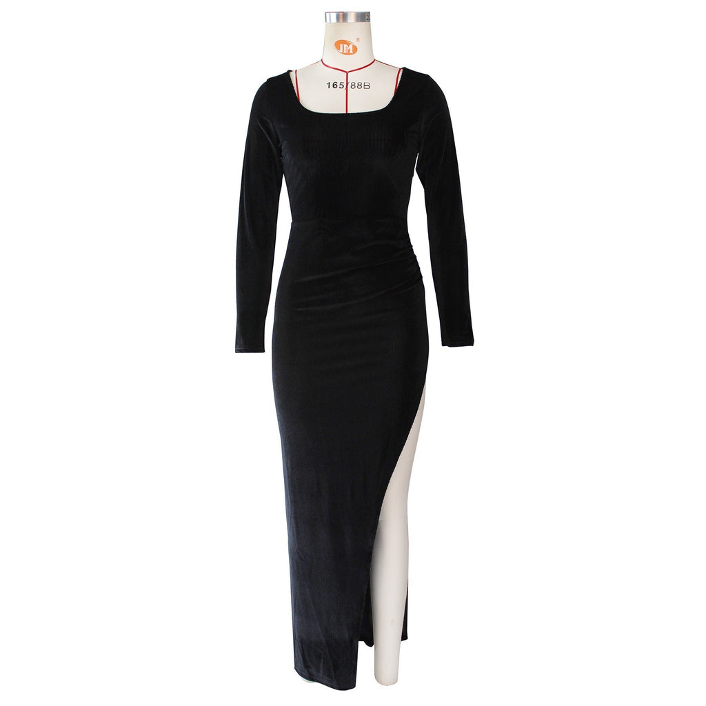 Square Neck Ruched Waist High Slit Long Sleeve Maxi Dress