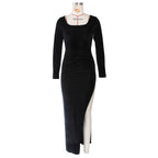 Square Neck Ruched Waist High Slit Long Sleeve Maxi Dress