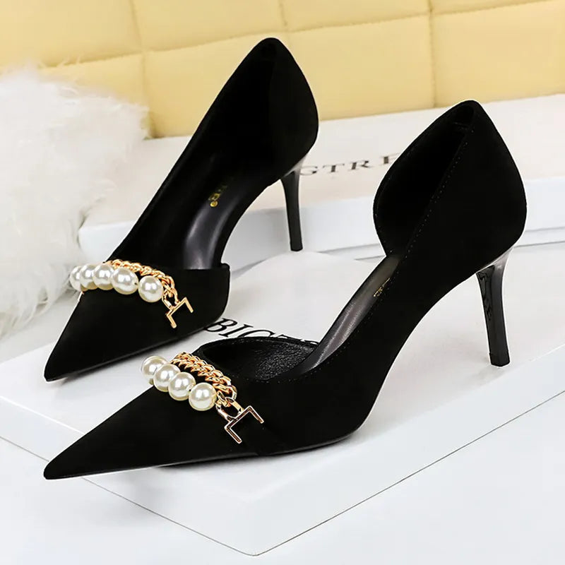 Grain Women Pumps with Pearl Chain Design - High Quality High Heels