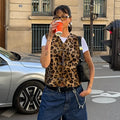 Leopard Print Pin Vest For Women V-Neck Sleeveless Fashion Hot Girl Cardigan Top Female Autumn New Slim Fit Short Vest
