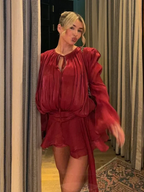 Metallic Pleated Balloon Sleeve Tie Neck Ruffled Hem Two-Piece Set