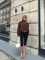 Retro Brown Suede Short Jacket Elegant Women Stand Collar Full Sleeves Single Breasteds Loose Coats Autumn Chic Lady Street Wear