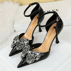 Kitten Heels Sandals Women Shoes with Rhinestone Bowknot for Summer Banquets