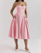 Corset Bodice Basque Waist Pleated A-Line Midi Dress