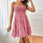 Smocked Square Neck Spaghetti Strap Tiered Ruffle Hem Mini Dress