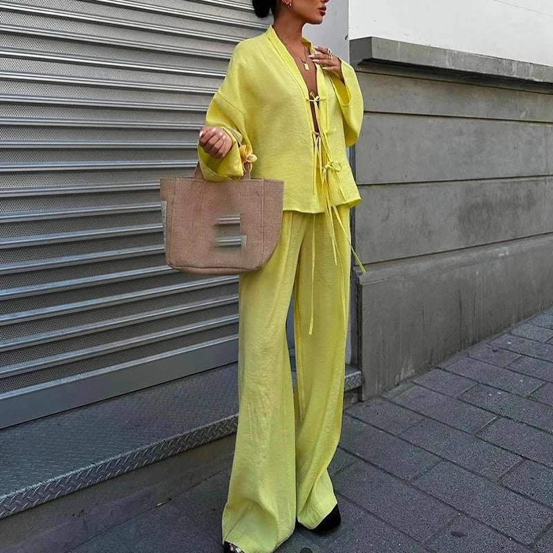 Casual V Neck Lace Up Top and Pants 2 Piece Set New Spring Long Sleeved Loose Suit Simple Solid Color High Street Women Outfits