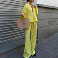 Casual V Neck Lace Up Top and Pants 2 Piece Set New Spring Long Sleeved Loose Suit Simple Solid Color High Street Women Outfits