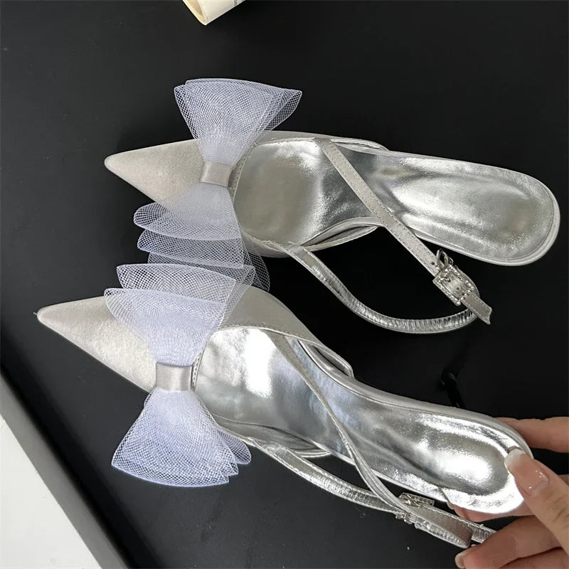Mesh Butterfly-knot Woman Pumps with Pointed Toe and Thin High Heels