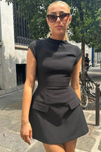 Short Sleeve Mini Dress with O-Neck and High Waist