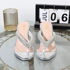 Luxurious Golden Stiletto High Heel Flip Flops with Toe Clip for Summer