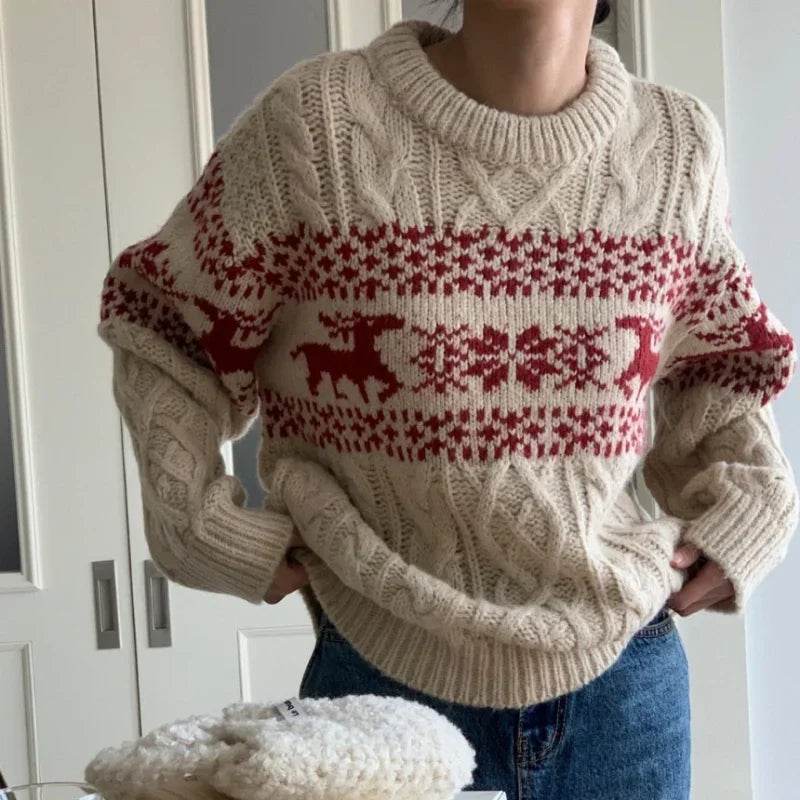 | Patchwork Crew Neck Knitted Sweater for Women