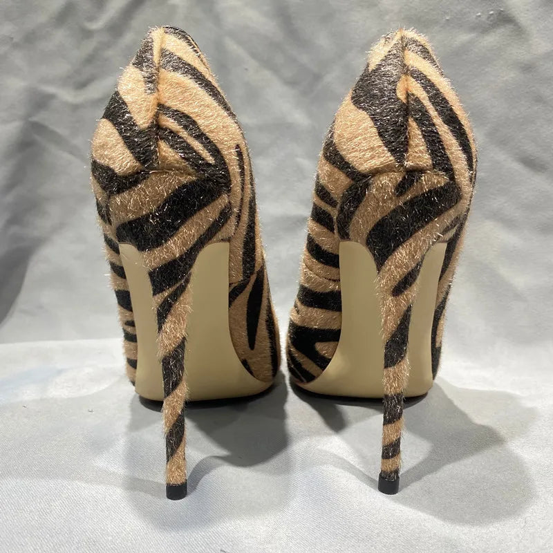 Hairy Brown Zebra Women Pointy Toe High Heel Shoes
