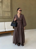 V-Neck Button Front Puff Sleeve Eyelet Lace Embroidered Tiered Maxi Dress