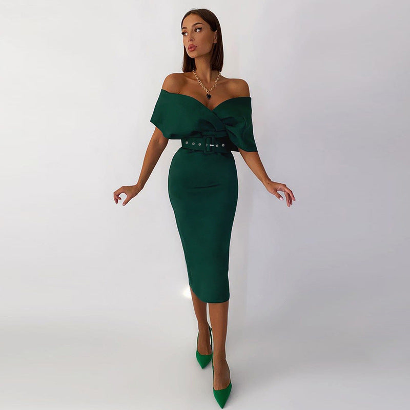 Off Shoulder Draped Cap Sleeve Wrap Belt Grommet Bodycon Midi Dress