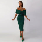 Off Shoulder Draped Cap Sleeve Wrap Belt Grommet Bodycon Midi Dress