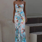 Abstract Print Halter Neck Bust Cut Out Ruched Waist Bodycon Maxi Dress