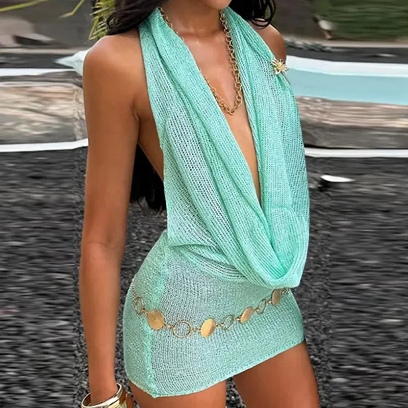 Sequin Halter Deep Cowl Neck Bodycon Mini Dress