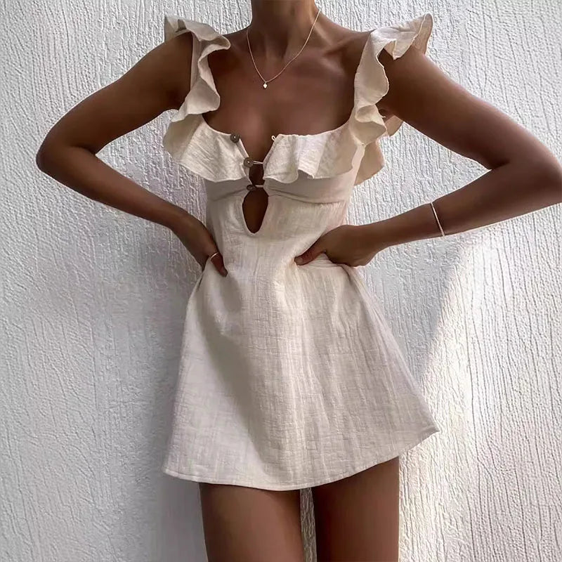 Square Neck Ruffle Strap Button Front Keyhole Cutout A-Line Mini Dress