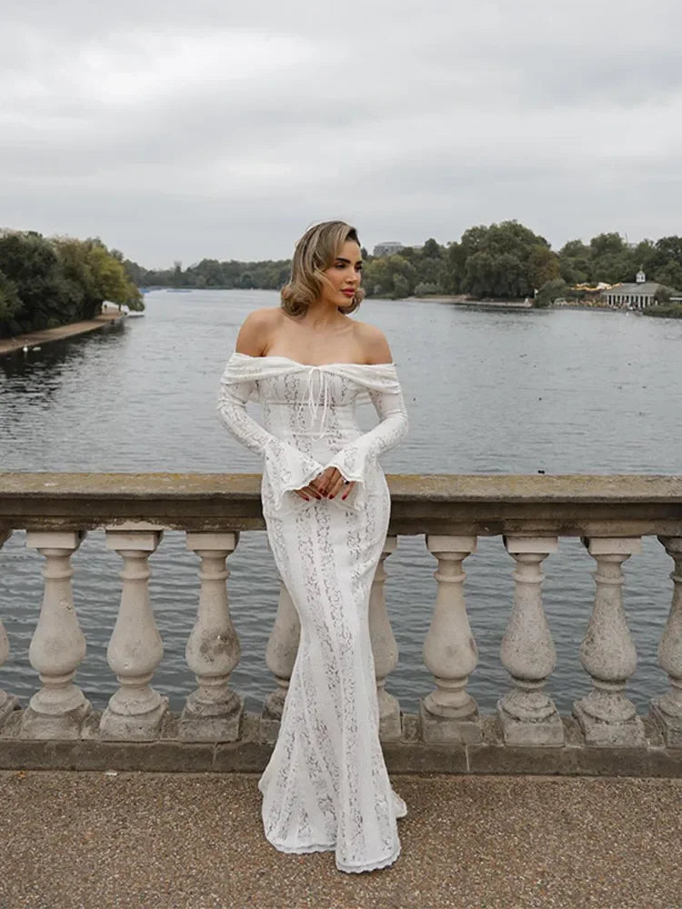 Off Shoulder Floral Lace Bell Sleeve Tie Front Maxi Dress