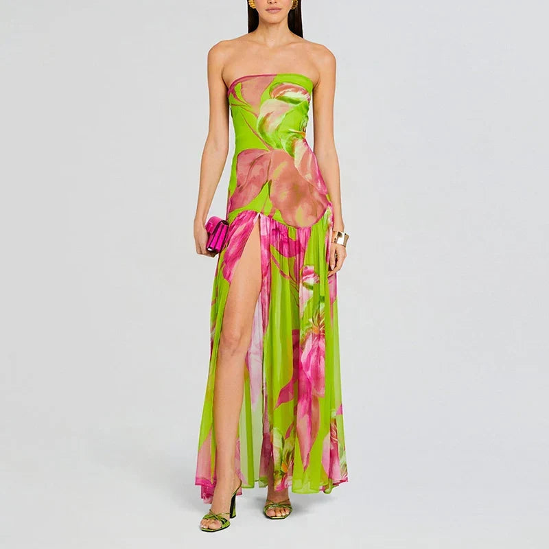 Strapless Floral Print High Split Maxi Dress