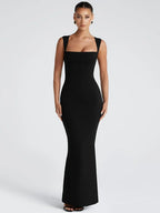 Square Neck Draped Bust Tank Strap Bodycon Maxi Dress